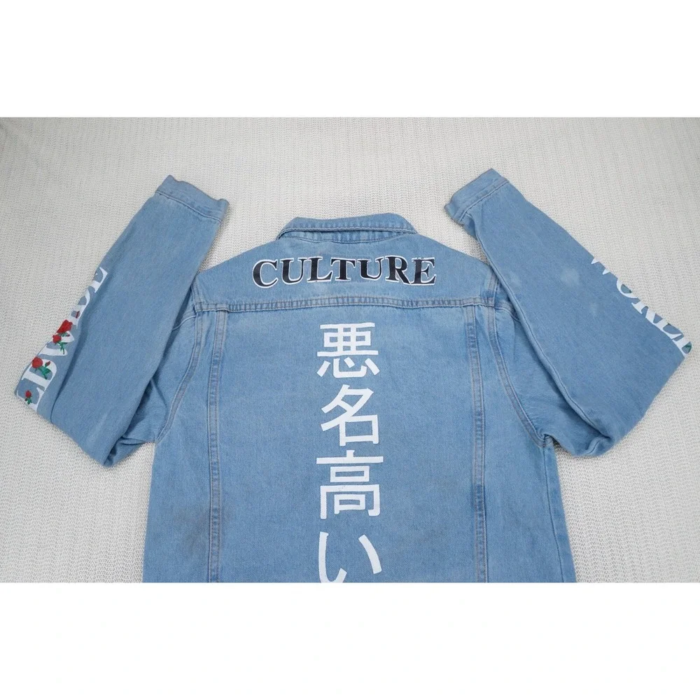 Rue 21 Jean Jacket Womens Small Blue Denim‎ Rose Worldwide Graphic Trucker